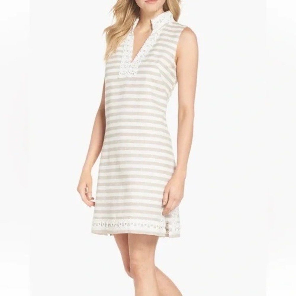 Eliza J Dress Women Beige White Linen Blend Sleeveless Stripe Coastal Vacation.